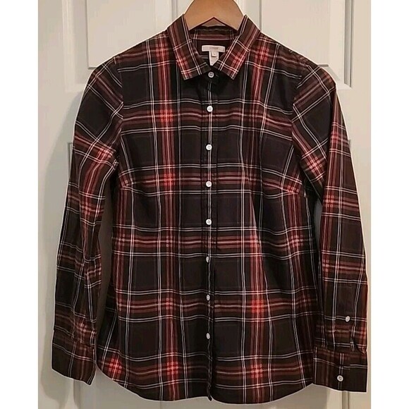 J Crew Womens Boy Fit Red Blue Plaid Long Sleeve Button Up Shirt Sz 8 - Picture 1 of 8